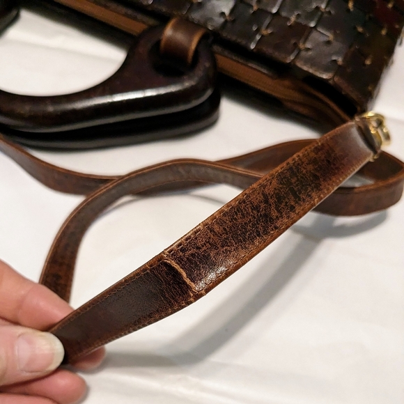 Vintage CEM Leather Tile Patchwork Purse Handbag Shoulder Bag Wood Handle Brown - Picture 9 of 15